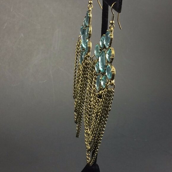 Long Blue Rhinestone Chain Swag Drop Costume Earrings Faceted 5" Runway - Picture 7 of 10